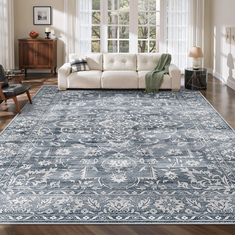 Soalmost 8x10 Washable Area Rugs for Living Room, Vintage Floral Stain Resistant Non-Slip Low Pile Natural Rug Soft Throw Large Carpet for Dining Room Bedroom Home Office (Blue, 8'x10') - Image 1