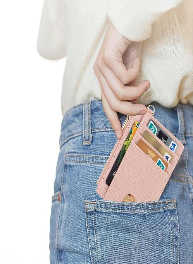 Suweibuke Slim Pocket Wallet, RFID Blocking Credit Card Holder Wallet with D-Shackle ID Window and Detachable keychain for Women (A-Coral Pink), A-Coral Pink, Fashion - Image 4