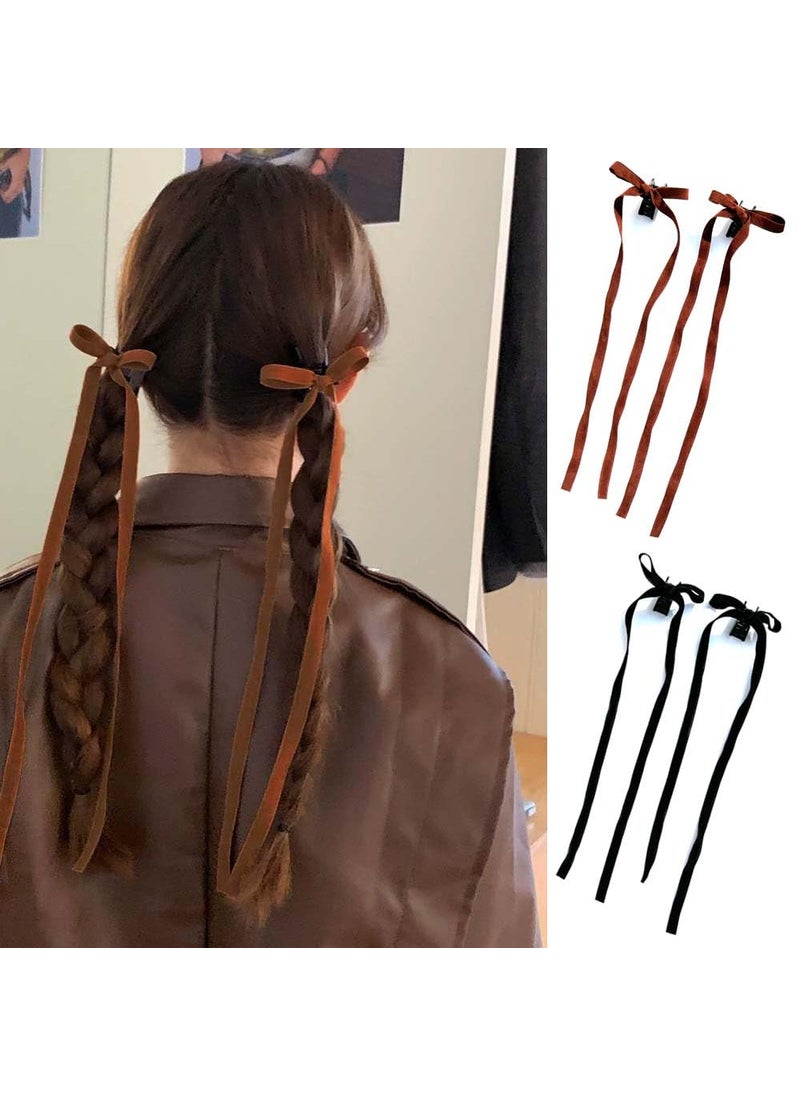 Funlovin - Elegant Hair Clips Set 2 Pairs Velvet Ribbon Bows with Long Tails for Women Girls Teens  Claw Clips in Black and Khaki for Thick or Thin Hair - Image 1