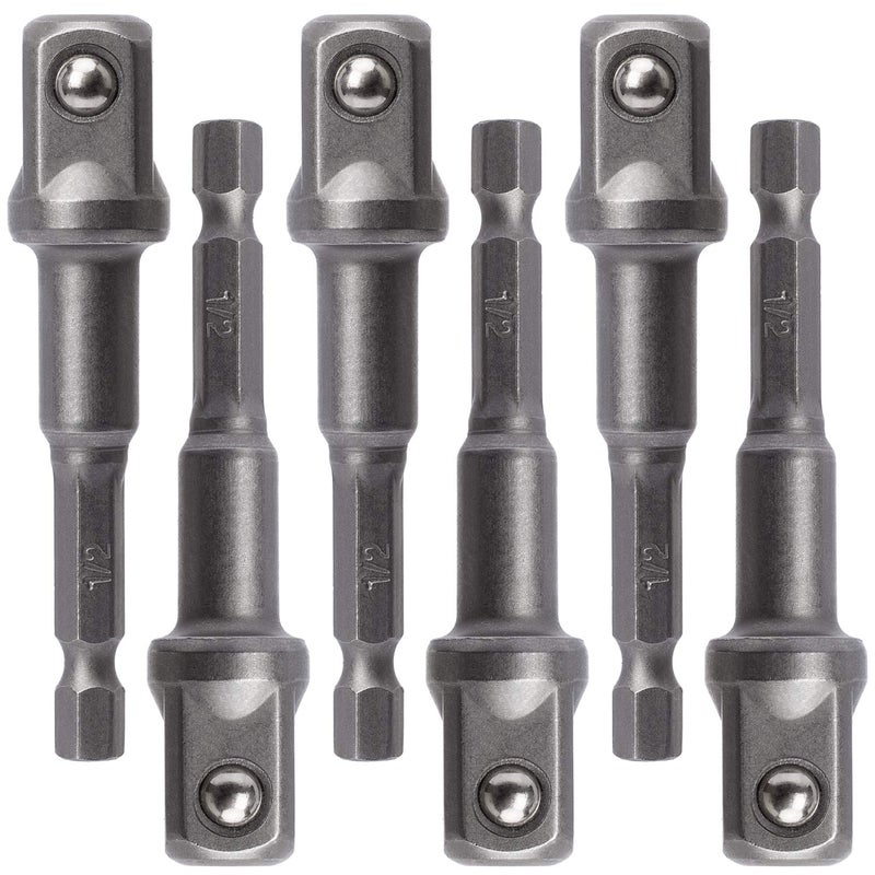 OIIKI 6 Pack 1/2 inch Square Socket Adapter Bit Set, Impact Driver Power Bits for Automotive DIY-1/4 Hex Shank