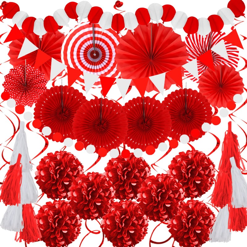 ZERODECO ZERODECO Party Decorations 41 Pcs Red Papar Fans Pompoms Garlands String Tissue Paper Tassel for Graduation Congrats Grad New Years Spring Festival Wedding Birthday Party 