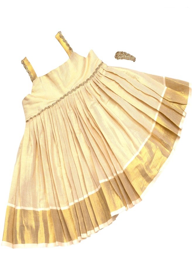 Picksparrow Baby Girl Knee-Length Tissue Frock/Traditional Dress/Ethnicwear with Jacket and Hair Clip (Aliya) (0-6 Months, Offwhite) - Image 3