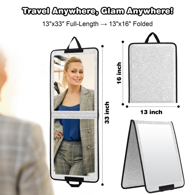 LPHUMEX Foldable Full Length Mirror Glitter Silver, 13x33 Portable Body Mirror for Travel, Dance, Festival - Image 2