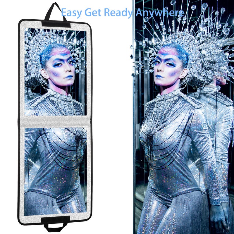 LPHUMEX Foldable Full Length Mirror Glitter Silver, 13x33 Portable Body Mirror for Travel, Dance, Festival - Image 3