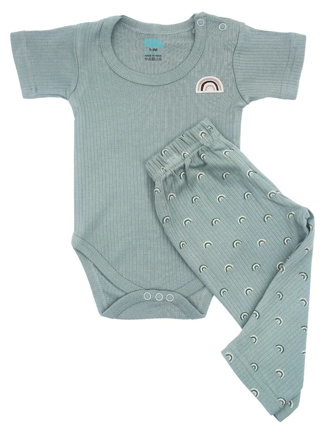 بابيز_بيسك Babies Basic Premium Ribbed Cotton Printed Short Sleeves Romper and Pyjama Set