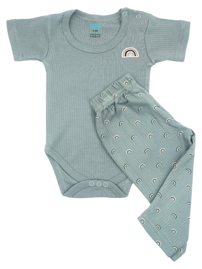 Babies Basic Premium Ribbed Cotton Printed Short Sleeves Romper and Pyjama Set - Image 1