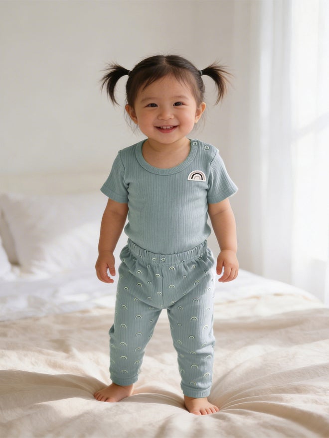 Babies Basic Premium Ribbed Cotton Printed Short Sleeves Romper and Pyjama Set - Image 3