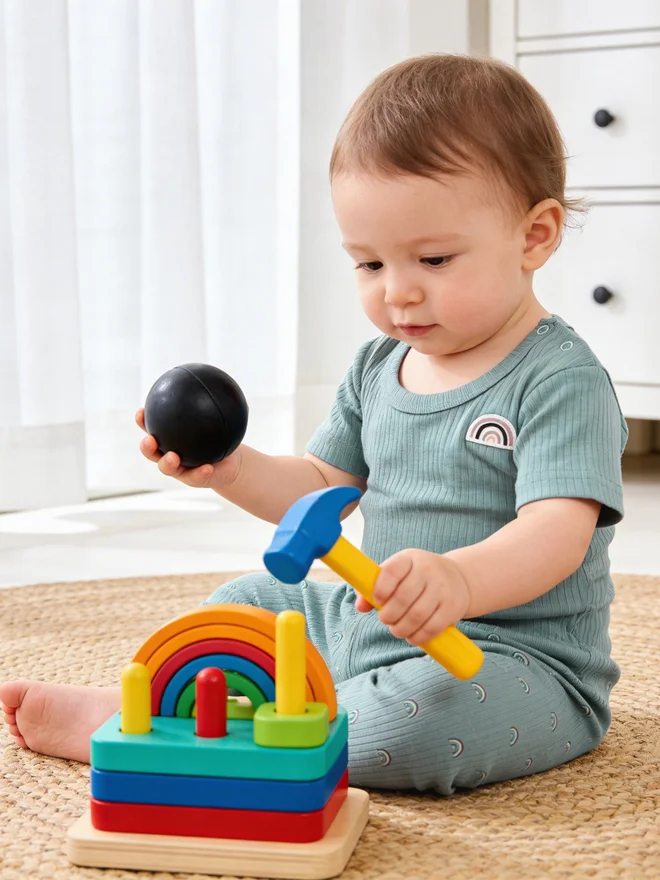 بابيز_بيسك Babies Basic Premium Ribbed Cotton Printed Short Sleeves Romper and Pyjama Set