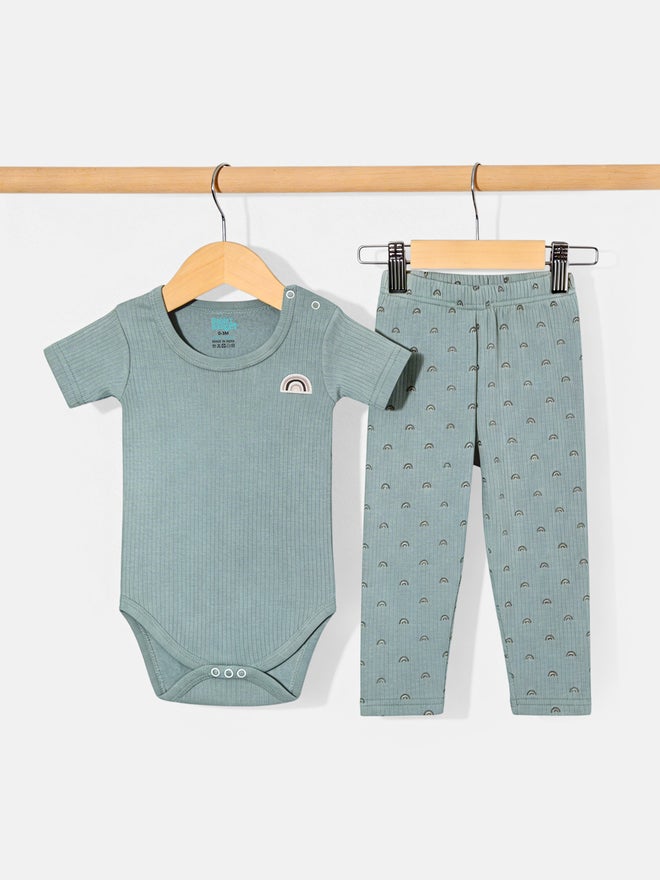 Babies Basic Premium Ribbed Cotton Printed Short Sleeves Romper and Pyjama Set - Image 4