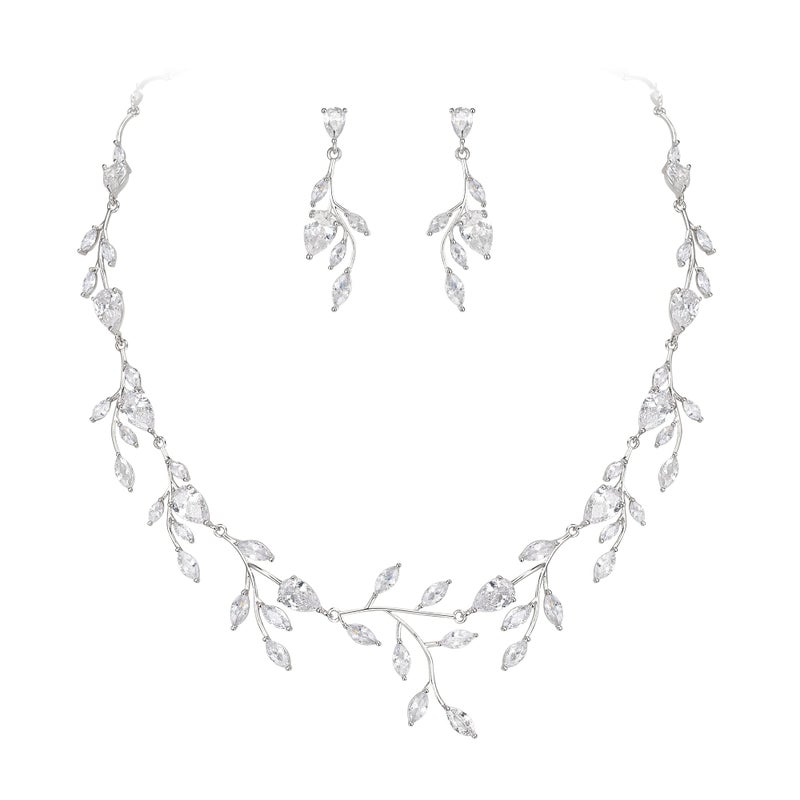 EVER FAITH Wedding Jewelry for Bride Women Bridesmaid, Sparkly White Cubic Zirconia Pear-Shaped Birthstone Leaf Necklace Earrings Set for Prom Clear Silver-Plated-Brass - Image 1