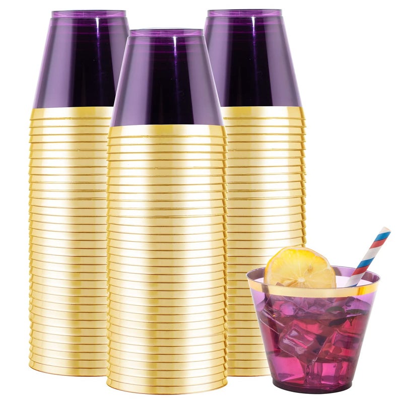 LUODA 150PCS Purple Plastic Cups 9oz Purple Disposable Cups with Gold Rim  Old Fashioned Tumblers Gold Rimmed Plastic Cups for Any occasion: Weddings  Parties  Business Events - Image 1