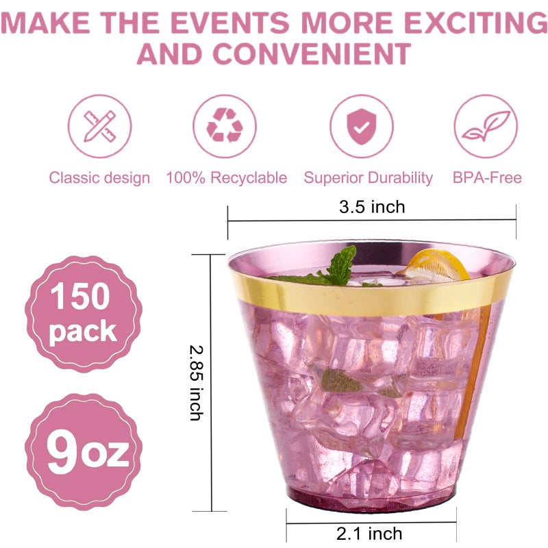LUODA 150PCS Purple Plastic Cups 9oz Purple Disposable Cups with Gold Rim  Old Fashioned Tumblers Gold Rimmed Plastic Cups for Any occasion: Weddings  Parties  Business Events - Image 2