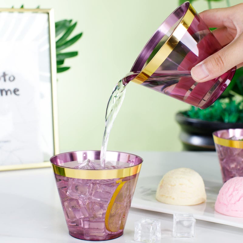 LUODA 150PCS Purple Plastic Cups 9oz Purple Disposable Cups with Gold Rim  Old Fashioned Tumblers Gold Rimmed Plastic Cups for Any occasion: Weddings  Parties  Business Events - Image 3