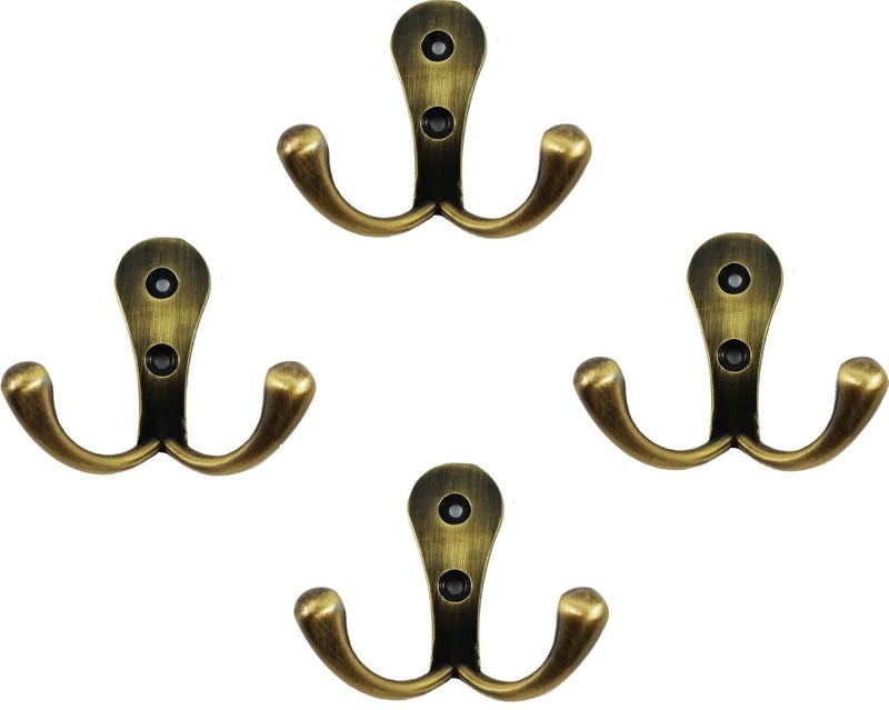 DOCOSS -Pack of 4-Antique-2 Pin Bathroom Cloth Hanger Wall Robe Hooks Rail for Hanging Keys,Clothes,Towel Steel Hook - Image 1