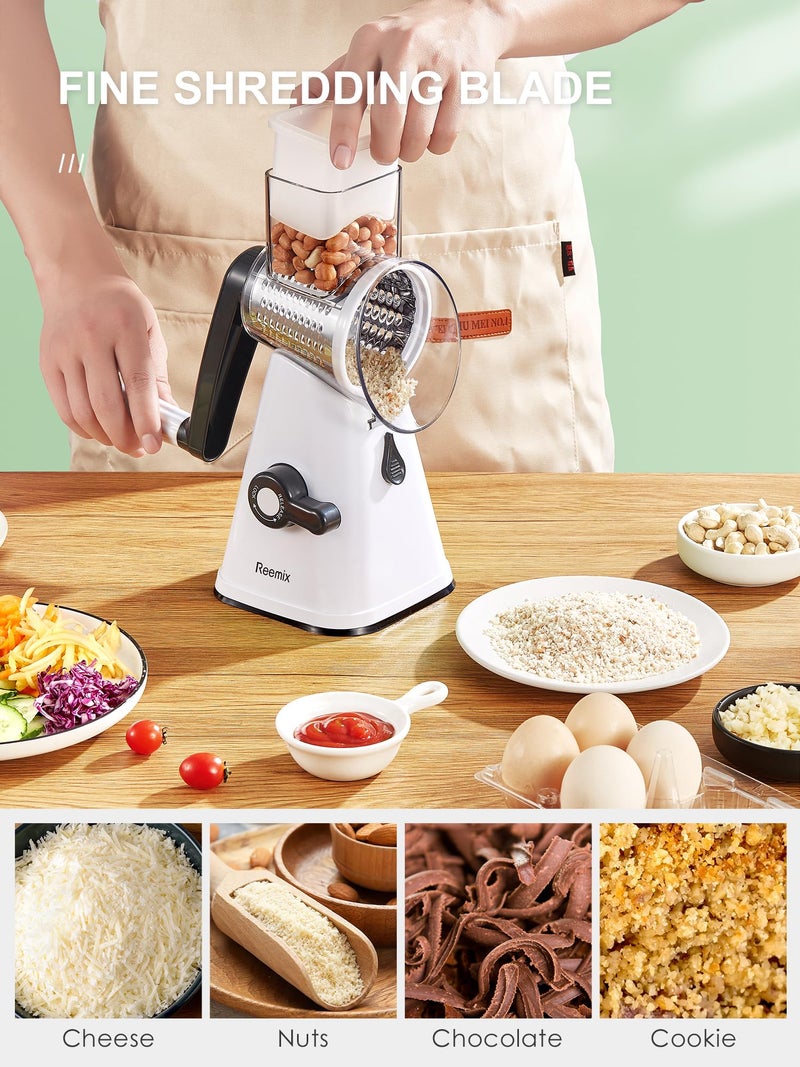 Reemix Rotary Cheese Grater With Handle  Reemix Vegetable Cheese Shredder Slicer Grater For Kitchen 3 Changeable Blades For Cheese Potato Zucchini Nuts Chocolate (White) - Image 4