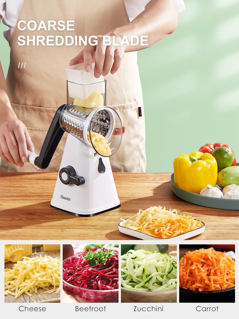 Reemix Rotary Cheese Grater With Handle  Reemix Vegetable Cheese Shredder Slicer Grater For Kitchen 3 Changeable Blades For Cheese Potato Zucchini Nuts Chocolate (White) - Image 3
