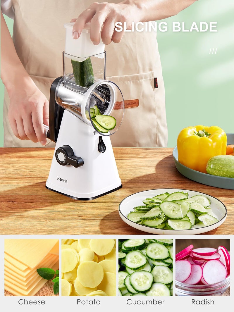 Reemix Rotary Cheese Grater With Handle  Reemix Vegetable Cheese Shredder Slicer Grater For Kitchen 3 Changeable Blades For Cheese Potato Zucchini Nuts Chocolate (White) - Image 5
