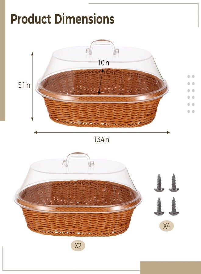 Homaisson 2 PCS Bread Fruit Baskets with Lid - 14 x 10 Inch Wicker Bread Basket with Acrylic Lid, Woven Bread Basket Fruit Tray with Clear Cover, Rattan Food Serving Tray for Home Picnics Bakery Storage - Image 2