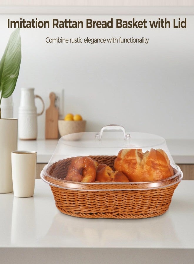Homaisson 2 PCS Bread Fruit Baskets with Lid - 14 x 10 Inch Wicker Bread Basket with Acrylic Lid, Woven Bread Basket Fruit Tray with Clear Cover, Rattan Food Serving Tray for Home Picnics Bakery Storage - Image 4