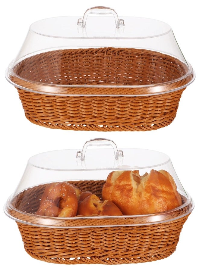 Homaisson 2 PCS Bread Fruit Baskets with Lid - 14 x 10 Inch Wicker Bread Basket with Acrylic Lid, Woven Bread Basket Fruit Tray with Clear Cover, Rattan Food Serving Tray for Home Picnics Bakery Storage - Image 1
