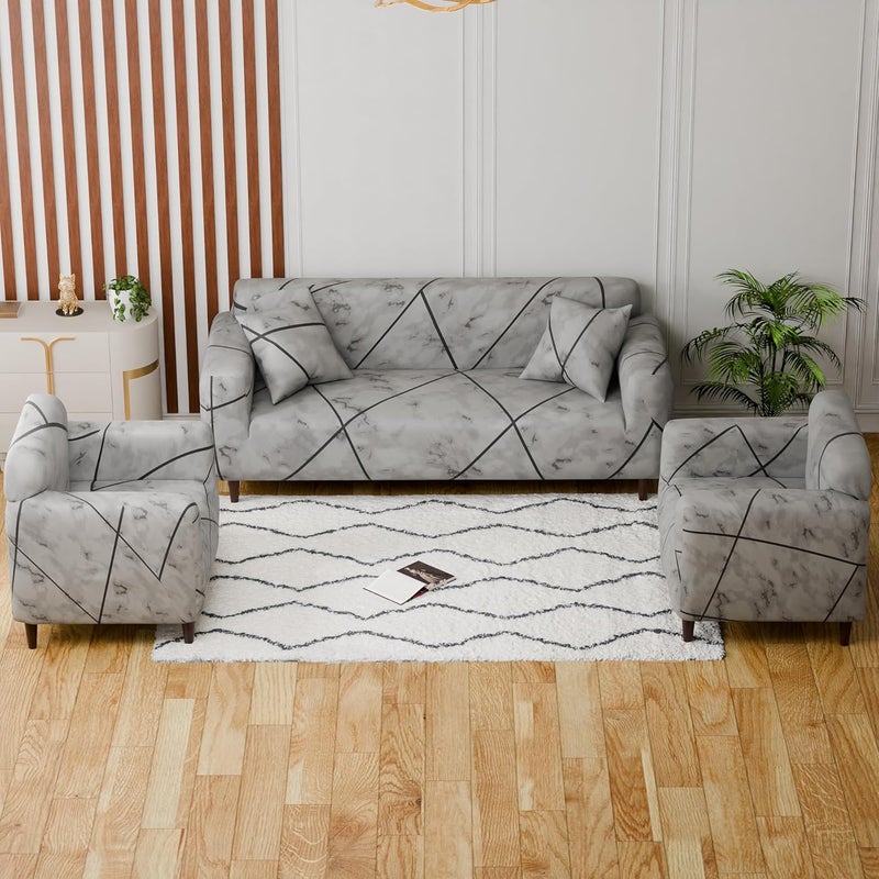Lukzer 5 Seater Grey Marble Universal Sofa Cover with 2 Pillow Cover | 140 GSM Stretch Fit Polyester & Spandex Slipcover | Fully Covered 3+1+1 Seater Anti-Slip & Washable Protector (SC-039-05) - Image 3