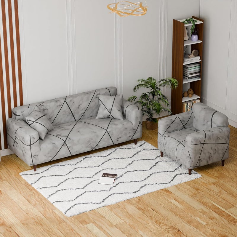 Lukzer 5 Seater Grey Marble Universal Sofa Cover with 2 Pillow Cover | 140 GSM Stretch Fit Polyester & Spandex Slipcover | Fully Covered 3+1+1 Seater Anti-Slip & Washable Protector (SC-039-05) - Image 4