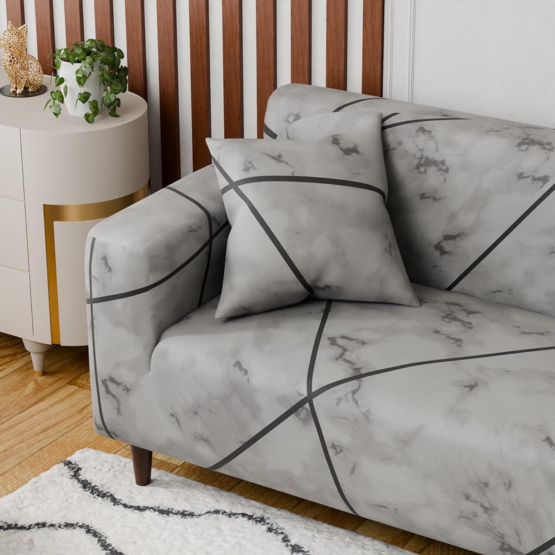 Lukzer 5 Seater Grey Marble Universal Sofa Cover with 2 Pillow Cover | 140 GSM Stretch Fit Polyester & Spandex Slipcover | Fully Covered 3+1+1 Seater Anti-Slip & Washable Protector (SC-039-05) - Image 5