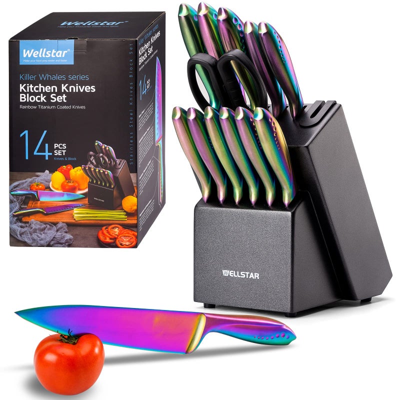 WELLSTAR Rainbow Knife Set 14 Pieces Iridescent German Stainless Steel Kitchen Knives Set with Wooden Block Colorful Titanium Coating Chefs Knife Block Set with Scissors and Builtin Sharpener