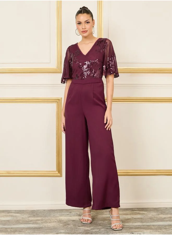 ستايلي Sequin Detail Mesh Insert Wide Leg Jumpsuit