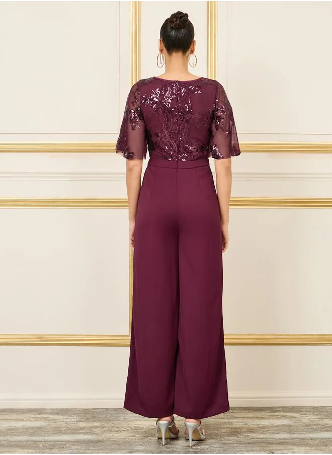 Styli Sequin Detail Mesh Insert Wide Leg Jumpsuit