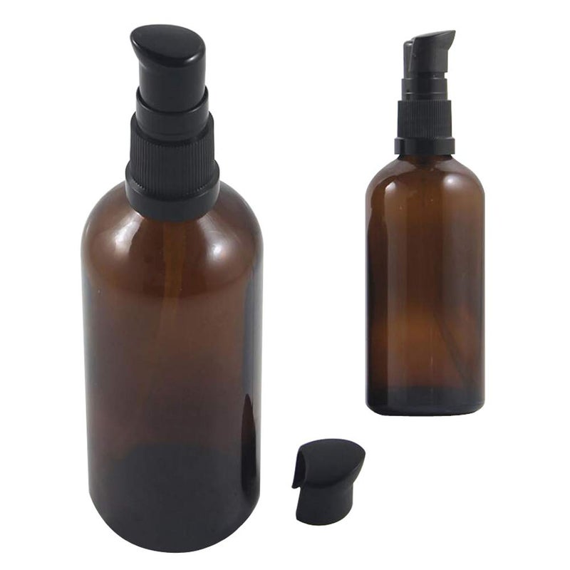 UPSTORE UPSTORE 2Pcs (100ml/ 3.4oz) Amber Glass Empty Pump Press Bottles with Cap Refillable Portable Bottle Vial Case Makeup Pot Jar Travel Sub Bottling for Lotion Essence Emulsion Essence Serum Shampoo 
