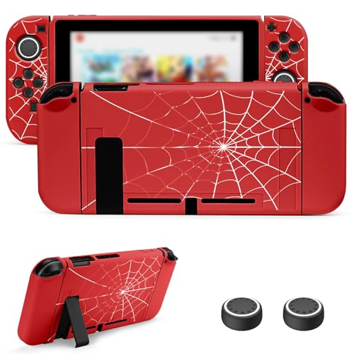 JINGDU Protective Case Compatible with Nintendo Switch 2017, TPU Case Accessory for Switch Console and Grip Joy-Con, Switch Protector with 4 Thumb Grips, Red Spider Web - Image 1