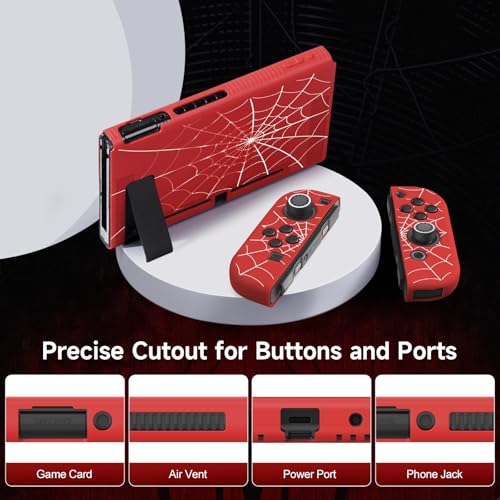 JINGDU Protective Case Compatible with Nintendo Switch 2017, TPU Case Accessory for Switch Console and Grip Joy-Con, Switch Protector with 4 Thumb Grips, Red Spider Web - Image 3