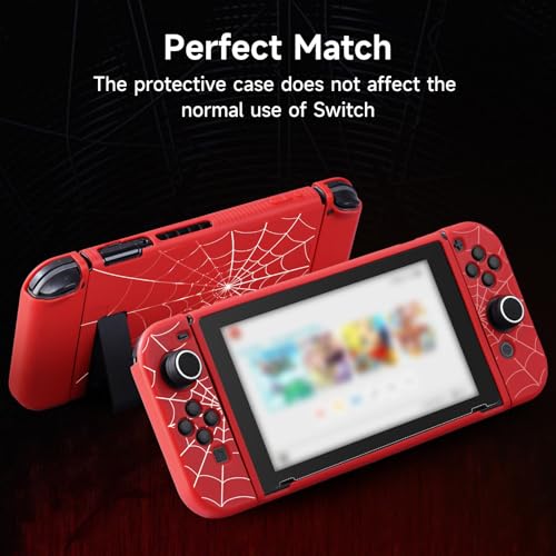 JINGDU Protective Case Compatible with Nintendo Switch 2017, TPU Case Accessory for Switch Console and Grip Joy-Con, Switch Protector with 4 Thumb Grips, Red Spider Web - Image 5