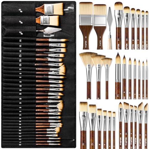 Nicpro 30pcs Paint Brush Set, Professional Paintbrushes with Paint Spatula and Cloth Roll, Craft Paint Brushes for Acrylic Painting, Oil, Watercolor, Gouache, Art Supplies for Artists and Beginners - Image 1