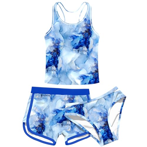 uideazone 3 Piece Bathing Suits for Girls Size 10 Dry Quick Hawaiian Marbling Style Swimsuit with High Elasticity Shorts Racerback Tankini Swimwear Sets 10t 11t - Image 1