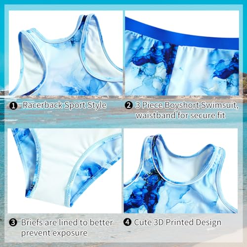 uideazone 3 Piece Bathing Suits for Girls Size 10 Dry Quick Hawaiian Marbling Style Swimsuit with High Elasticity Shorts Racerback Tankini Swimwear Sets 10t 11t - Image 5