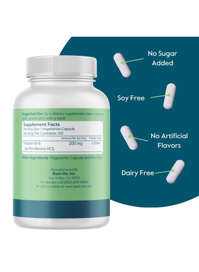 BESTVITE Vitamin B-6 200mg (120 Vegetarian Capsules) - No Stearates - No Flow Agents - Vegan - Non GMO - Gluten Free  - Image 2