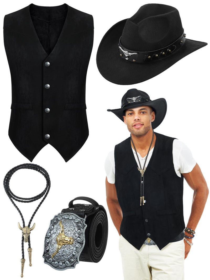 Cutecrop 4 Pcs Western Cowboy Outfits for Men Suede Leather Vest Hat Bolo Tie Belt for Western Halloween Cosplay(Large,Black) - Image 1