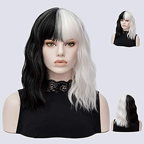 FVCENT Short Curly Shoulder Length Full Bang Women Bob Wig for Cruella Costume Women for Halloween Party Costume (Black and White Without accessories) - Image 4