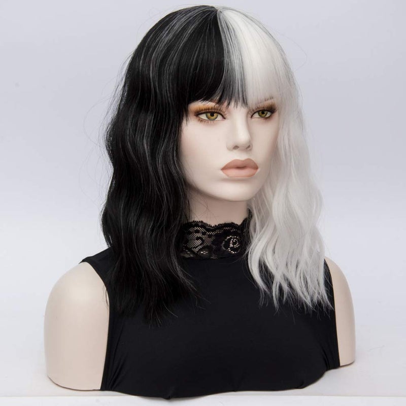 FVCENT Short Curly Shoulder Length Full Bang Women Bob Wig for Cruella Costume Women for Halloween Party Costume (Black and White Without accessories) - Image 2