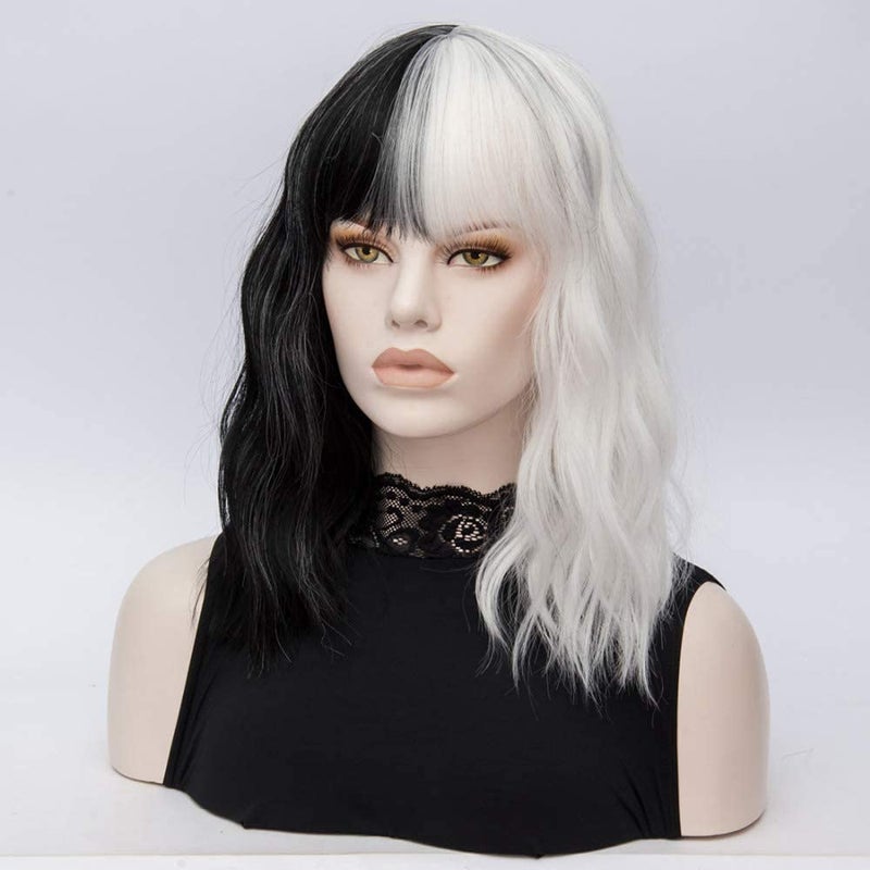 FVCENT Short Curly Shoulder Length Full Bang Women Bob Wig for Cruella Costume Women for Halloween Party Costume (Black and White Without accessories) - Image 3