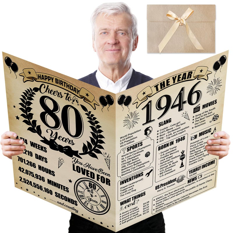 Uiorgui Large 80th Birthday Cards for Men Women, Vintage 1946 Happy 80th Birthday Greeting Card with Envelope Jumbo Eighty Guest Book Cheers to 80 Years Decorations Gifts Party Supplies - Image 1