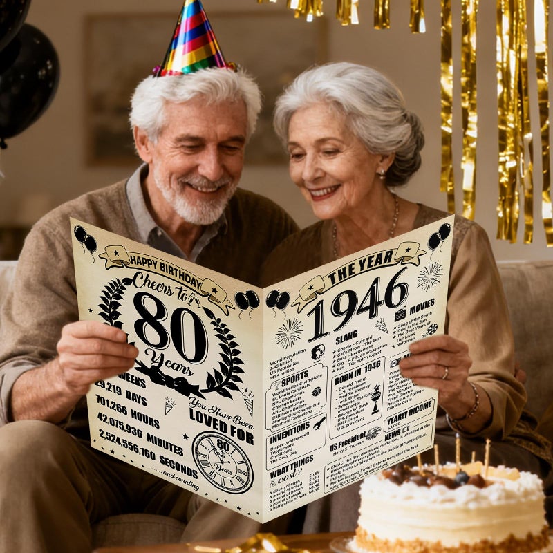 Uiorgui Large 80th Birthday Cards for Men Women, Vintage 1946 Happy 80th Birthday Greeting Card with Envelope Jumbo Eighty Guest Book Cheers to 80 Years Decorations Gifts Party Supplies - Image 5