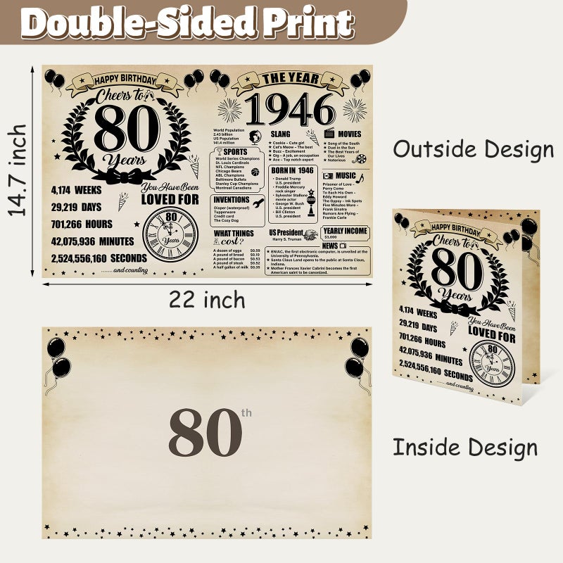 Uiorgui Large 80th Birthday Cards for Men Women, Vintage 1946 Happy 80th Birthday Greeting Card with Envelope Jumbo Eighty Guest Book Cheers to 80 Years Decorations Gifts Party Supplies - Image 2