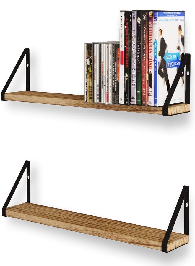 والنيتشر أرفف عائمة من Wallniture Ponza لتزيين جدران غرفة المعيشة، أرفف كتب خشبية جدارية مقاس 24 بوصة، رف تخزين أقراص DVD، ديكور غرفة النوم والحمام، لون طبيعي محروق، طقم من قطعتين - Image 1