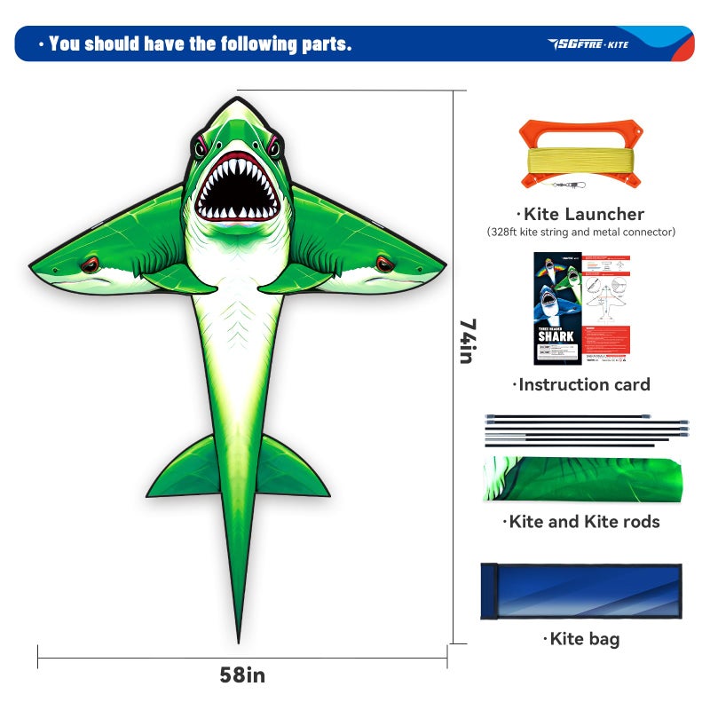 SGftre Complete Kite with Handle, Line & Accessories,Easy to Fly for Kids & Adults, Perfect for Beach, Park, Family Outdoor Activities (Green Shark, 1) - Image 3