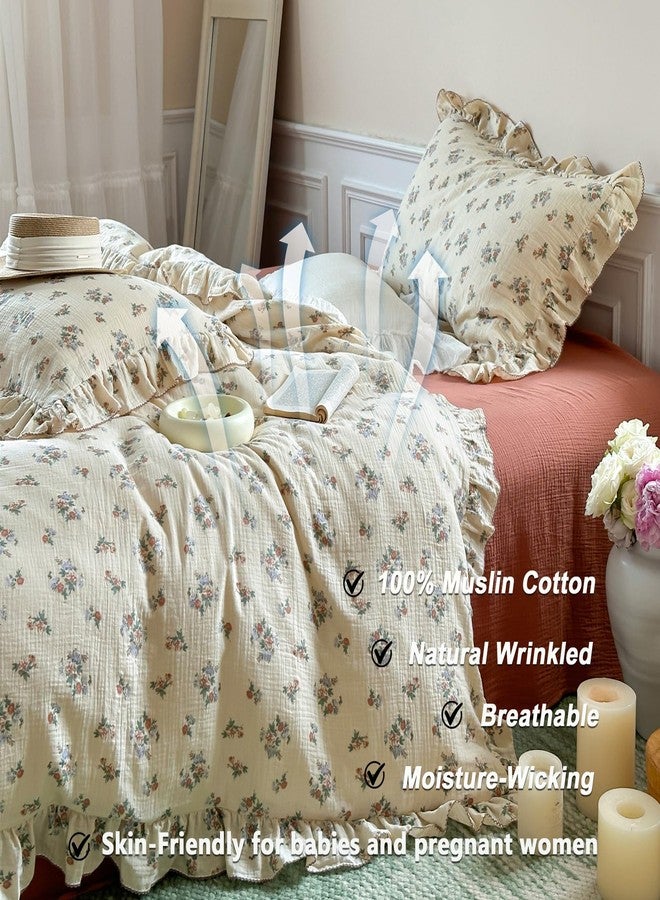 VM VOUGEMARKET طقم غطاء لحاف من القطن الموسلين 100% من VM VOUGEMARKET، مقاس توين للفتيات المراهقات، غطاء لحاف/بطانية بنقشة زهور عتيقة مع كشكشة رومانسية، ناعم، يسمح بمرور الهواء وخفيف الوزن - Image 2