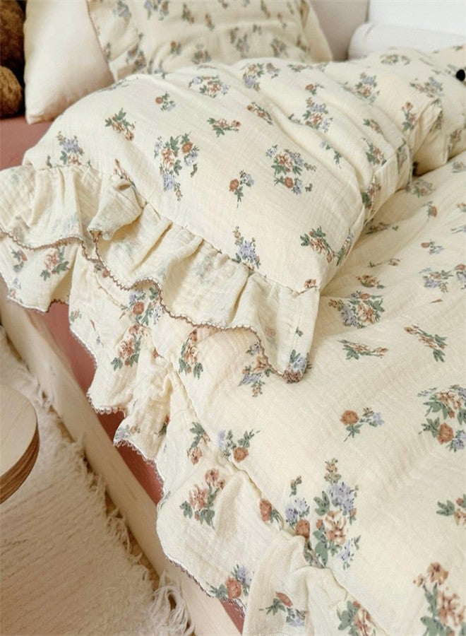 VM VOUGEMARKET طقم غطاء لحاف من القطن الموسلين 100% من VM VOUGEMARKET، مقاس توين للفتيات المراهقات، غطاء لحاف/بطانية بنقشة زهور عتيقة مع كشكشة رومانسية، ناعم، يسمح بمرور الهواء وخفيف الوزن - Image 4