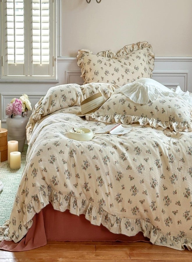 VM VOUGEMARKET طقم غطاء لحاف من القطن الموسلين 100% من VM VOUGEMARKET، مقاس توين للفتيات المراهقات، غطاء لحاف/بطانية بنقشة زهور عتيقة مع كشكشة رومانسية، ناعم، يسمح بمرور الهواء وخفيف الوزن - Image 1